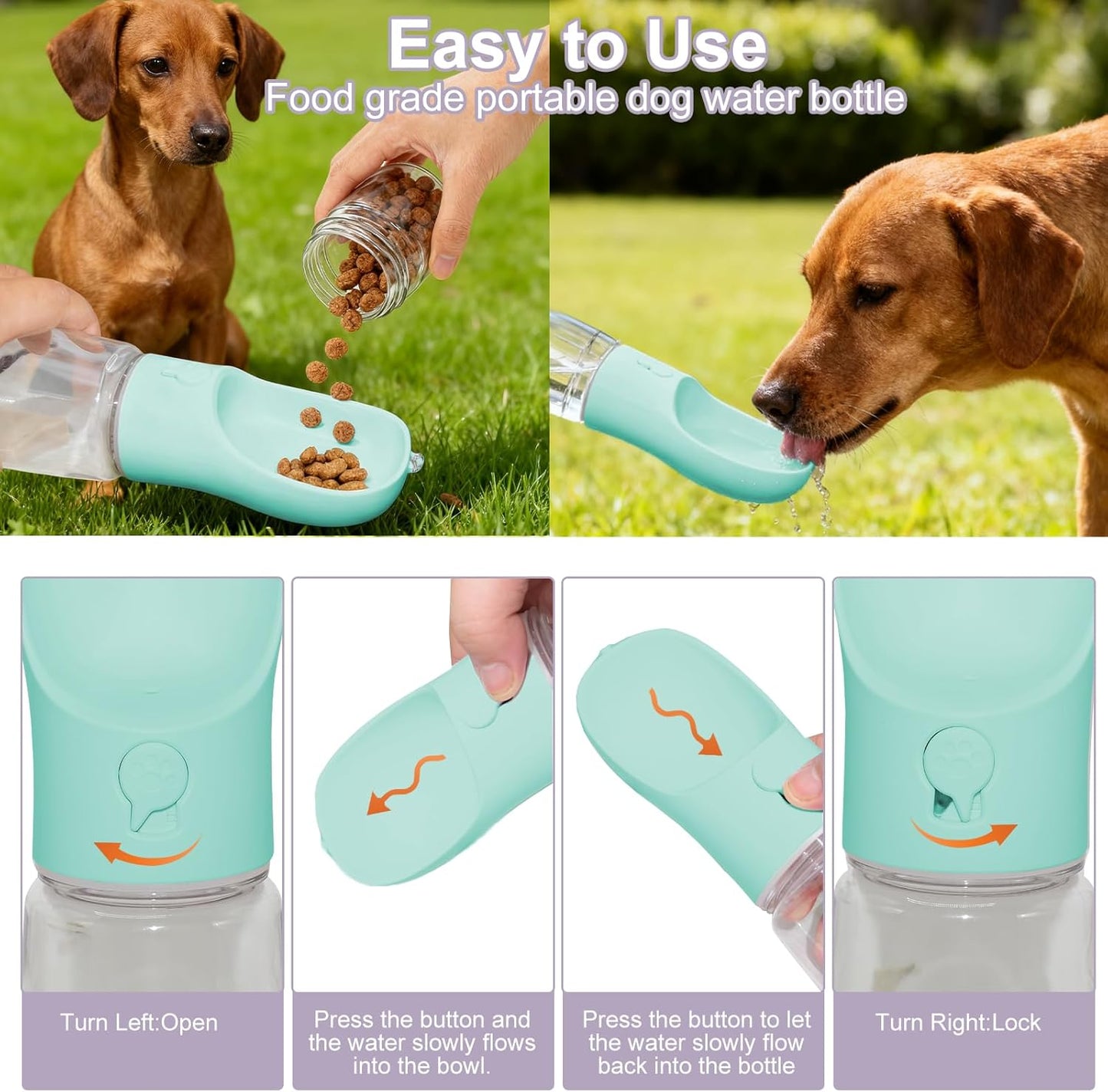 Dog Water Bottle, Portable Water Bottle with Food Container for Dogs Cat Pet Hiking Walking Travel Camping, Leak-Proof Dog Water Bowl Dispenser with Feeder Function Puppy Essentials